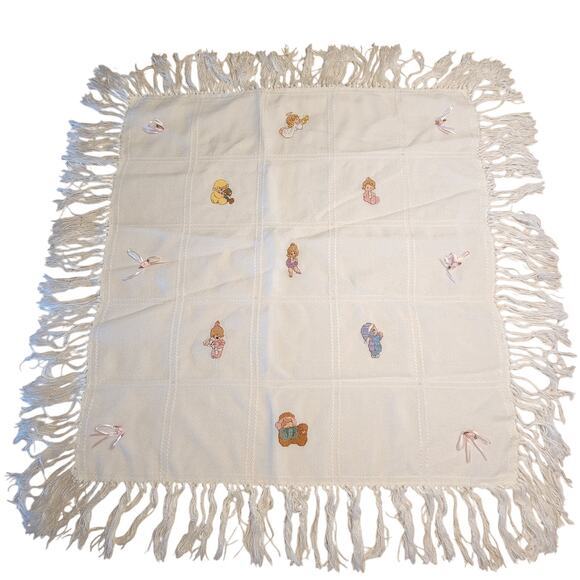 Vintage Handmade Baby Blanket w/ Embroidered Kids & Fringe Edges 36"x36" - Picture 1 of 16